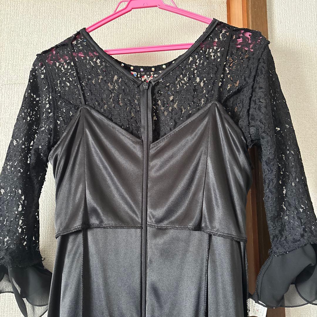 社交ダンスワンピースドレス　ラテンドレス　黒レース　 青、赤キラキラ　M 美品