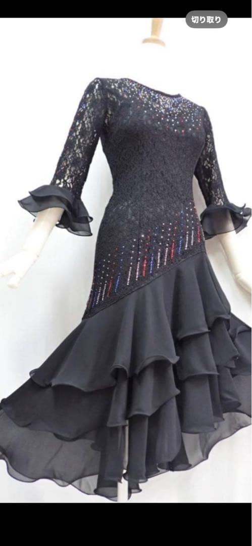 社交ダンスワンピースドレス　ラテンドレス　黒レース　 青、赤キラキラ　M 美品
