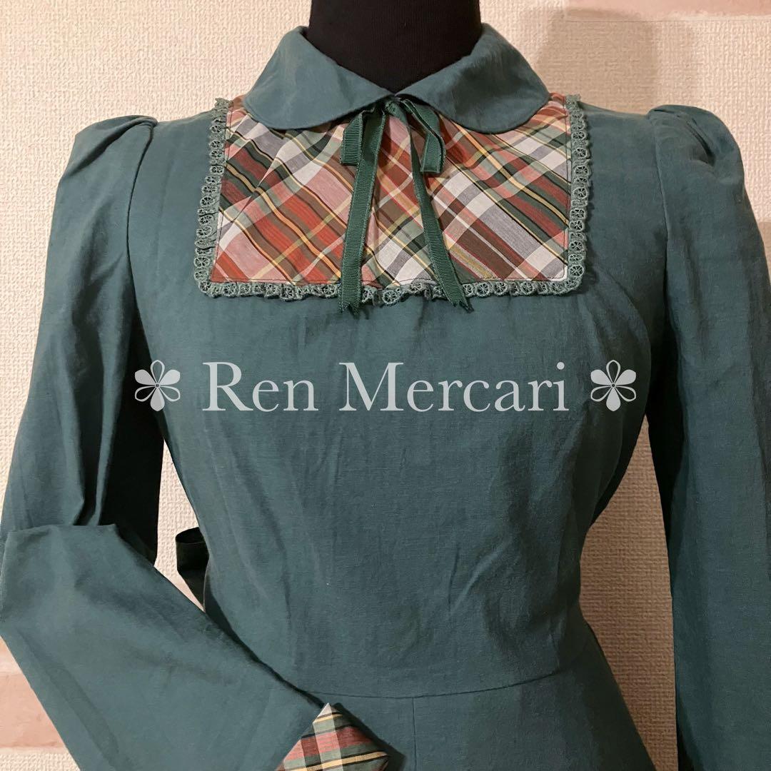 ビリジアングリーン チェック柄スクエアヨークの丸襟ワンピース