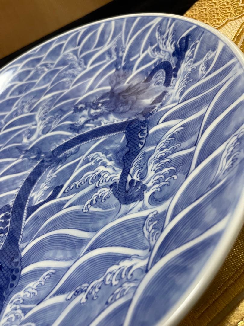 古美術　飾皿　北村賀善　平安　青華波竜紋　青海波　昇竜　龍文　大皿　京焼