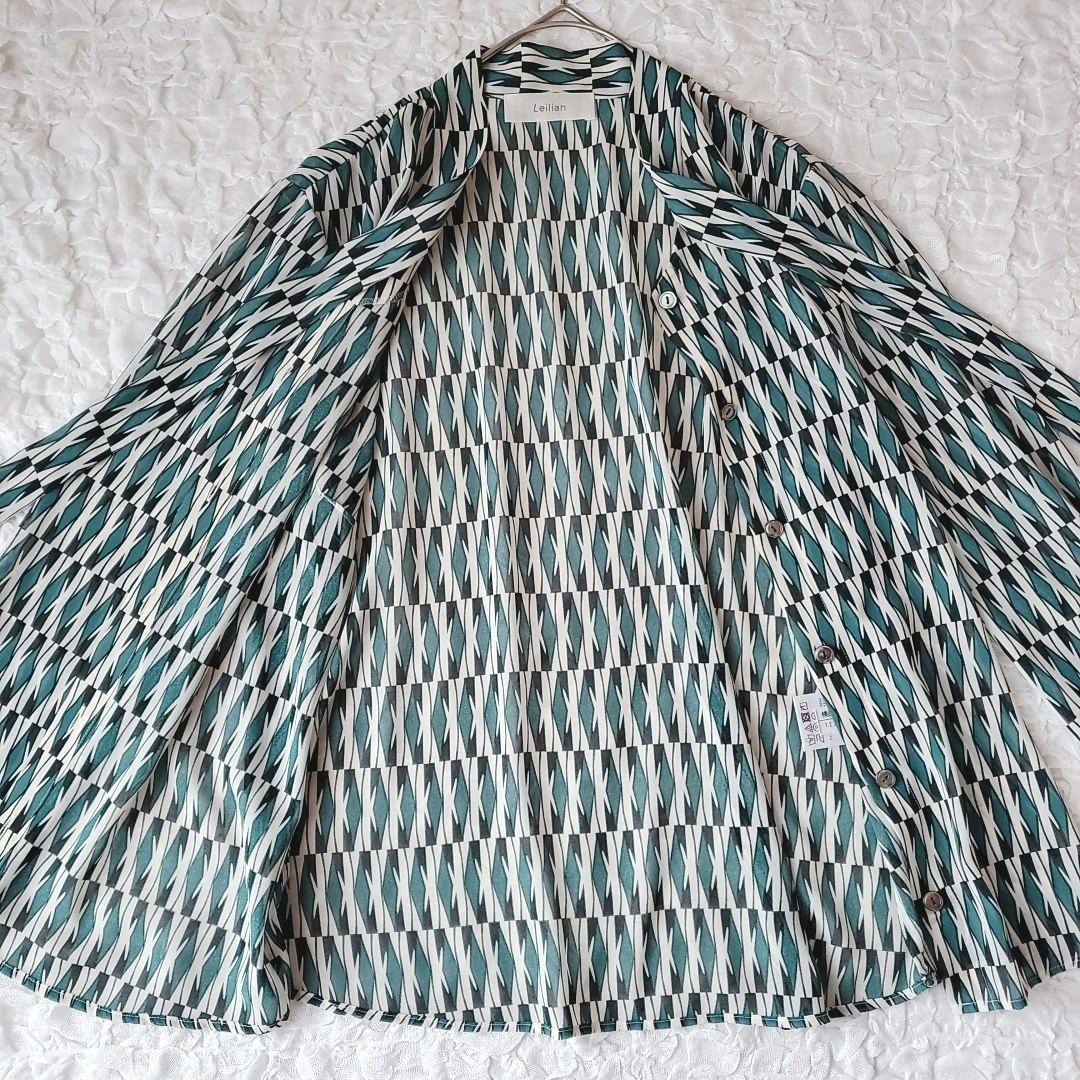 現行 レリアン ボウタイ ブラウス ジオメトリック柄 シアー 透け感 グリーン