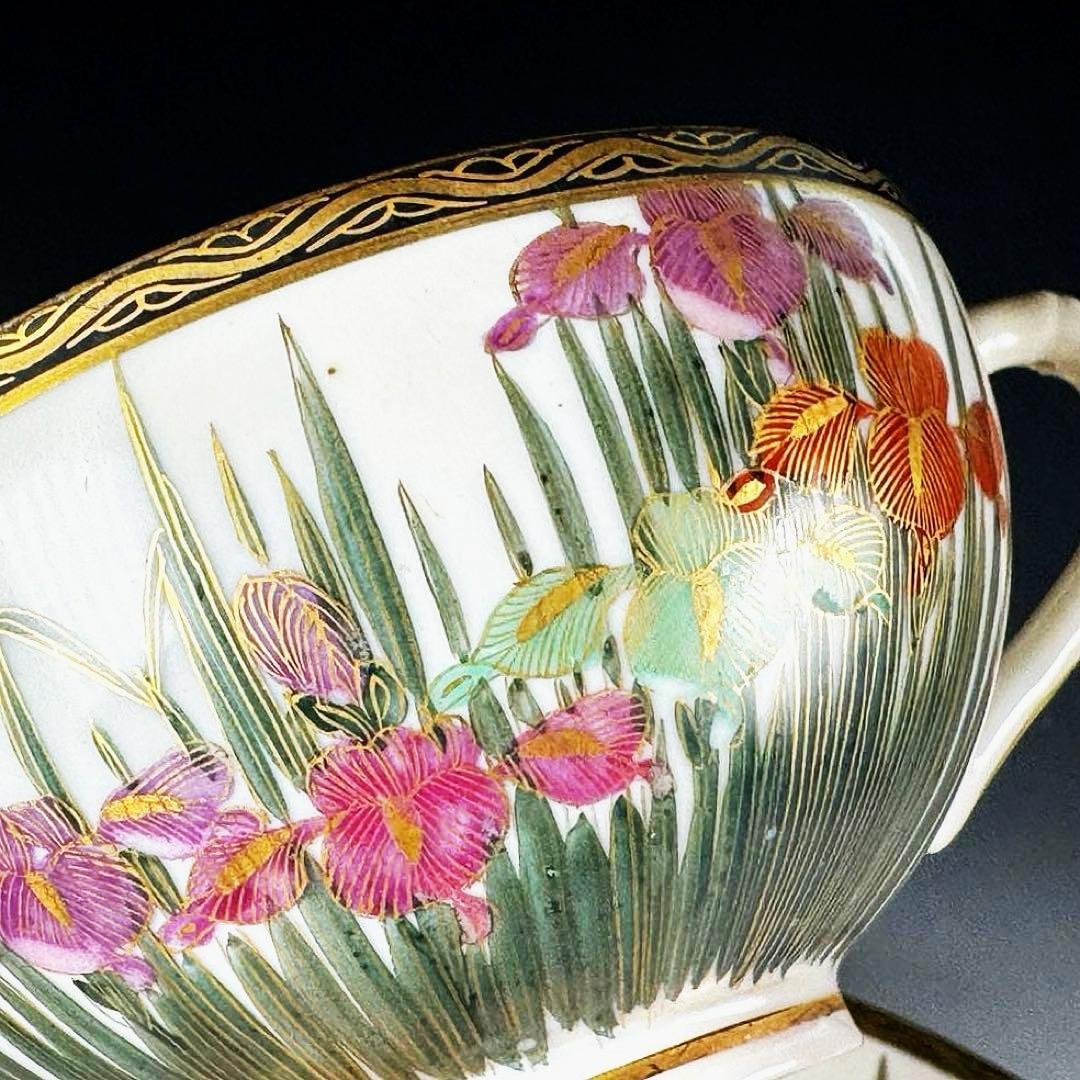 極美品■オールドニッポン 薩摩 エッグシェル 金彩 菖蒲図紋 キャビネットトリオ