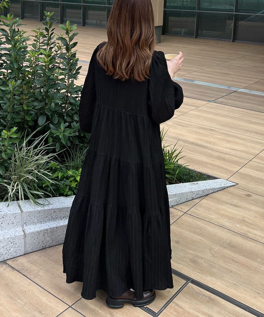 新品 OLUN きりまる ドレープ ロング ティアードワンピース ブラック 黒