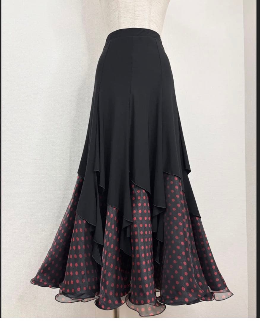 ほぼ未使用社交ダンス　赤ドット柄　オーガンジーミックス　スカート　衣装