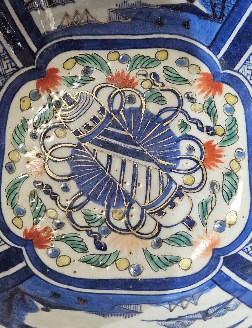 【上作古伊万里❗】幕末〜明治時代　古伊万里　染錦　吉祥図　四方鉢　径19.9cm