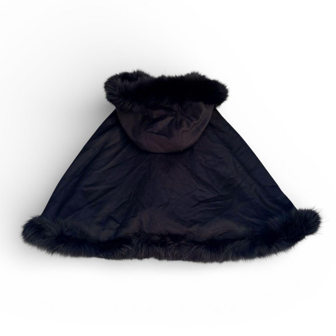 極美品 カシミヤ100% ポンチョ ファーフード付 ブラック