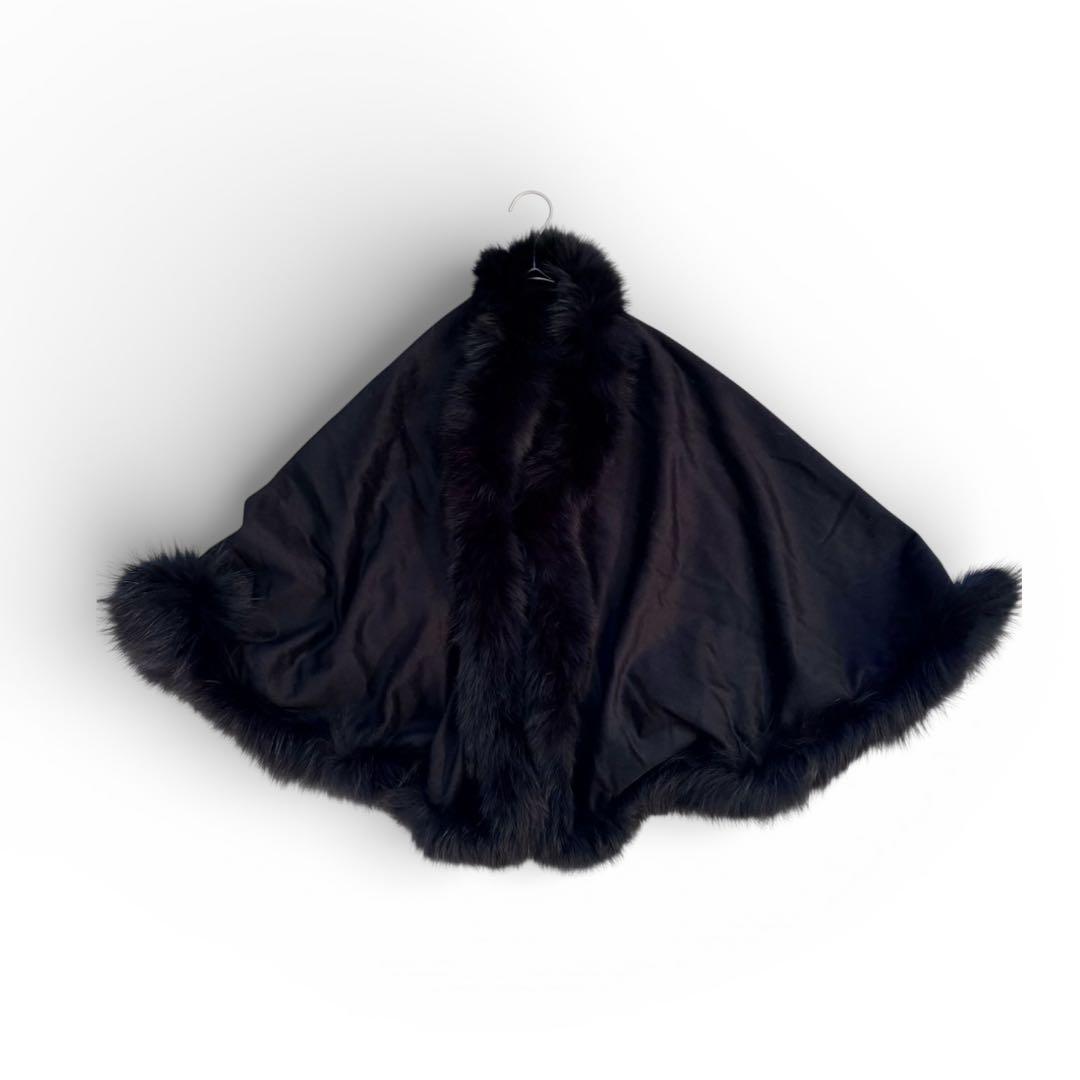 極美品 カシミヤ100% ポンチョ ファーフード付 ブラック
