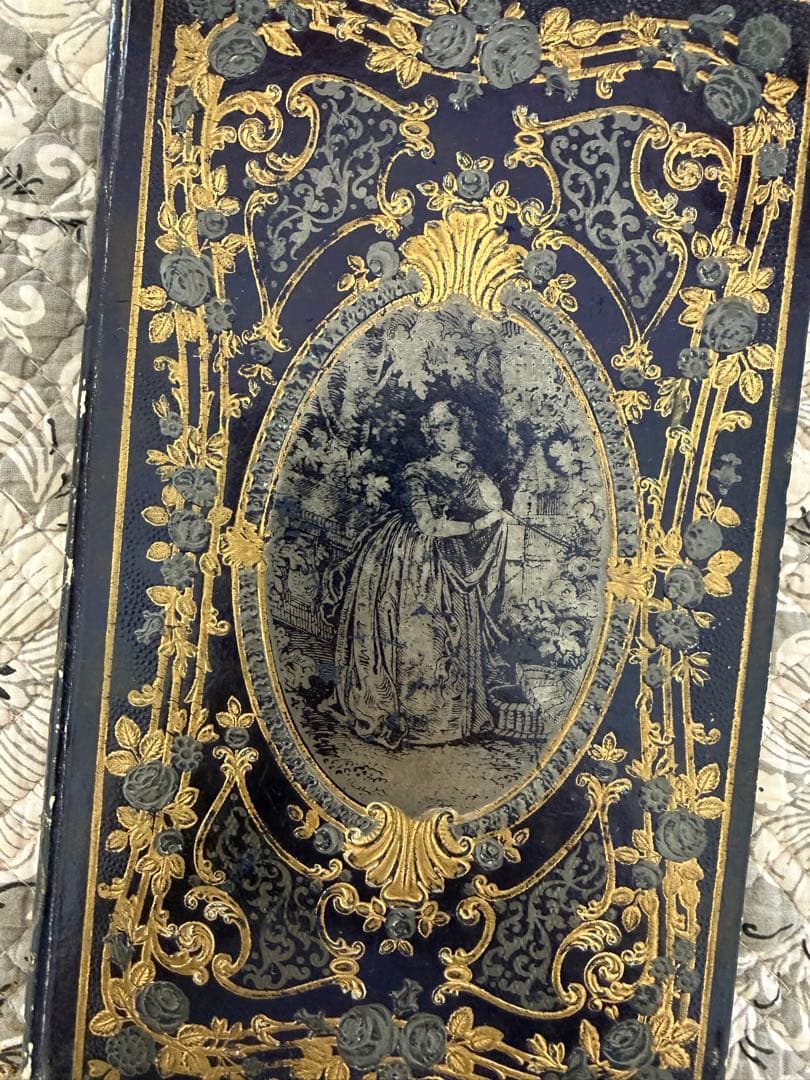 フランスアンティーク古書ロマンティック本女性と薔薇の金箔押しネイビーの洋書