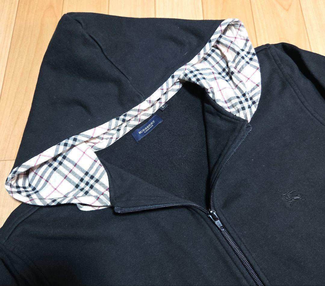 【BURBERRY LONDON 】フード付き 黒ジッパーパーカー Lサイズ