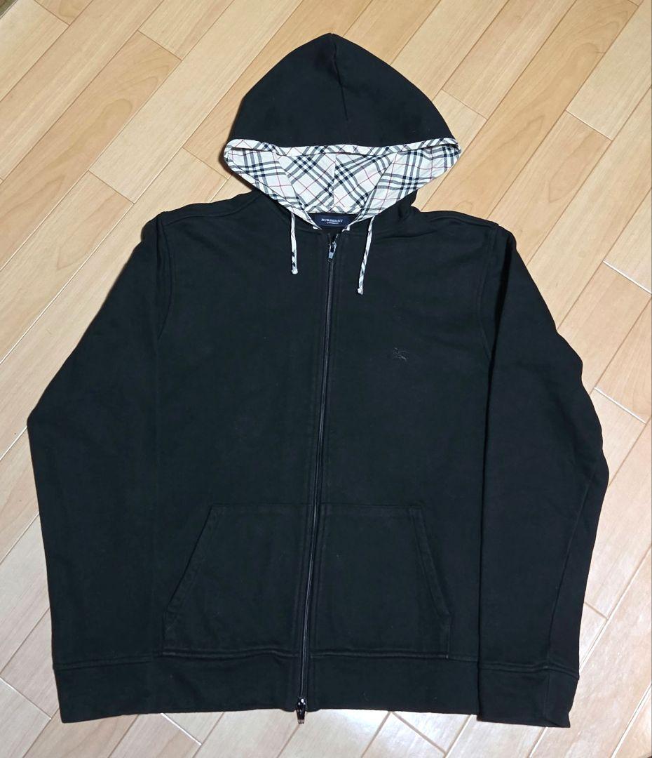 【BURBERRY LONDON 】フード付き 黒ジッパーパーカー Lサイズ