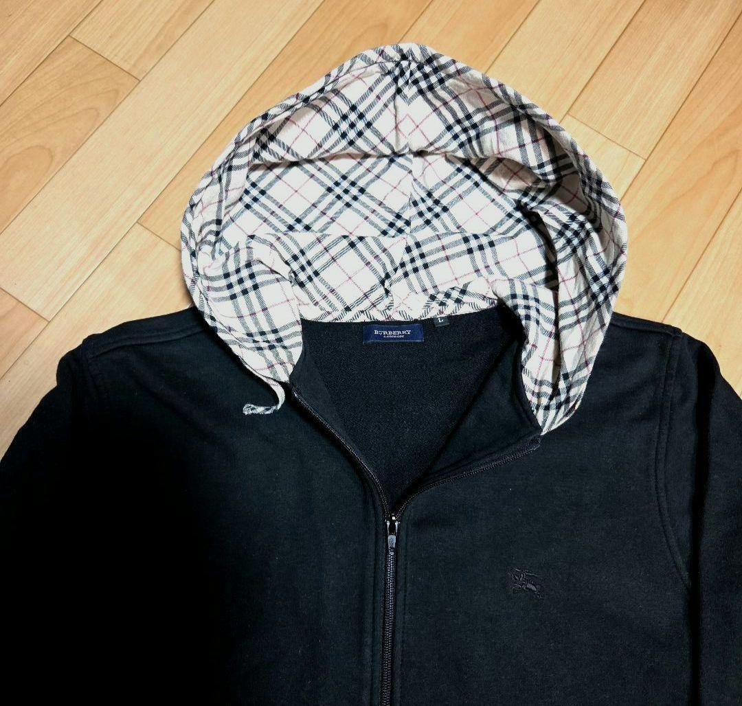【BURBERRY LONDON 】フード付き 黒ジッパーパーカー Lサイズ