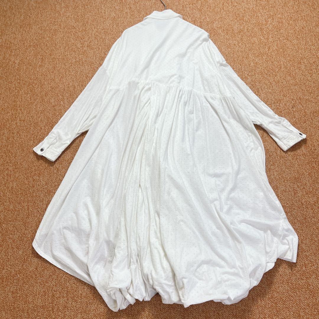 フラボア 襟付き バルーン ワンピース ドット Aライン フレア 白 綿100