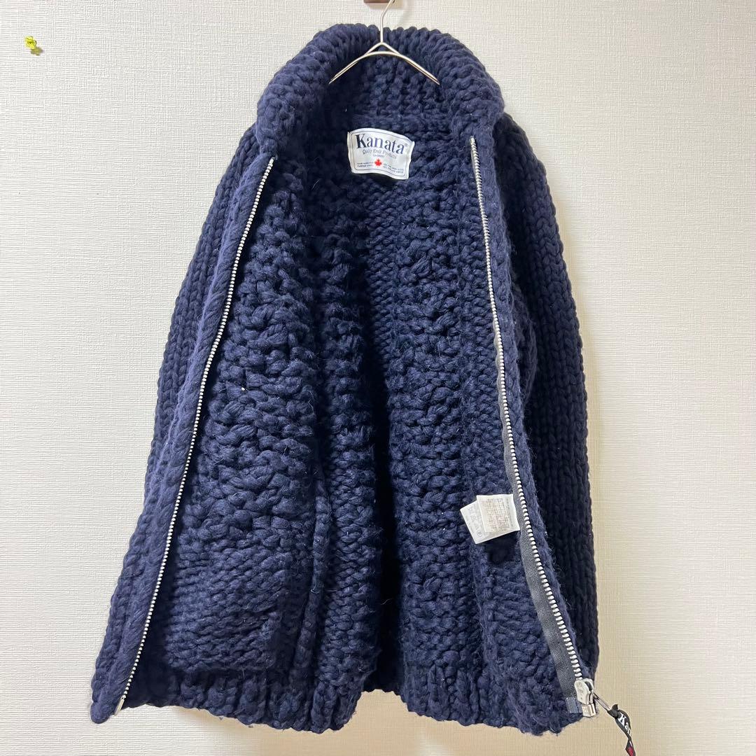 Kanata カウチン ニット セーター カーディガン ウール 無地　ネイビーM
