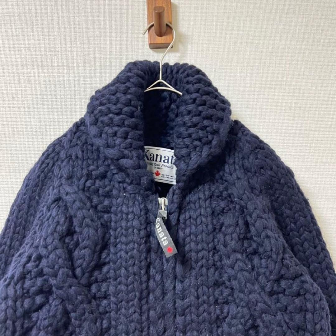 Kanata カウチン ニット セーター カーディガン ウール 無地　ネイビーM