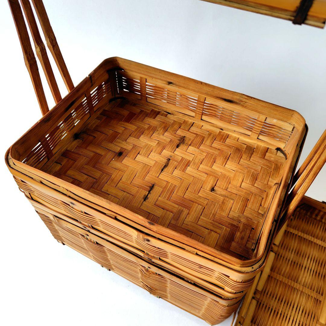 竹製 2段 蓋付 竹籠 弁当箱 バスケット 竹編 古道具