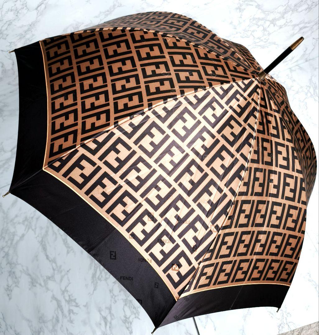 【美品 高級◎】フェンディ 長傘 ズッカ柄 総柄 FFロゴ ゴールド金具 茶色