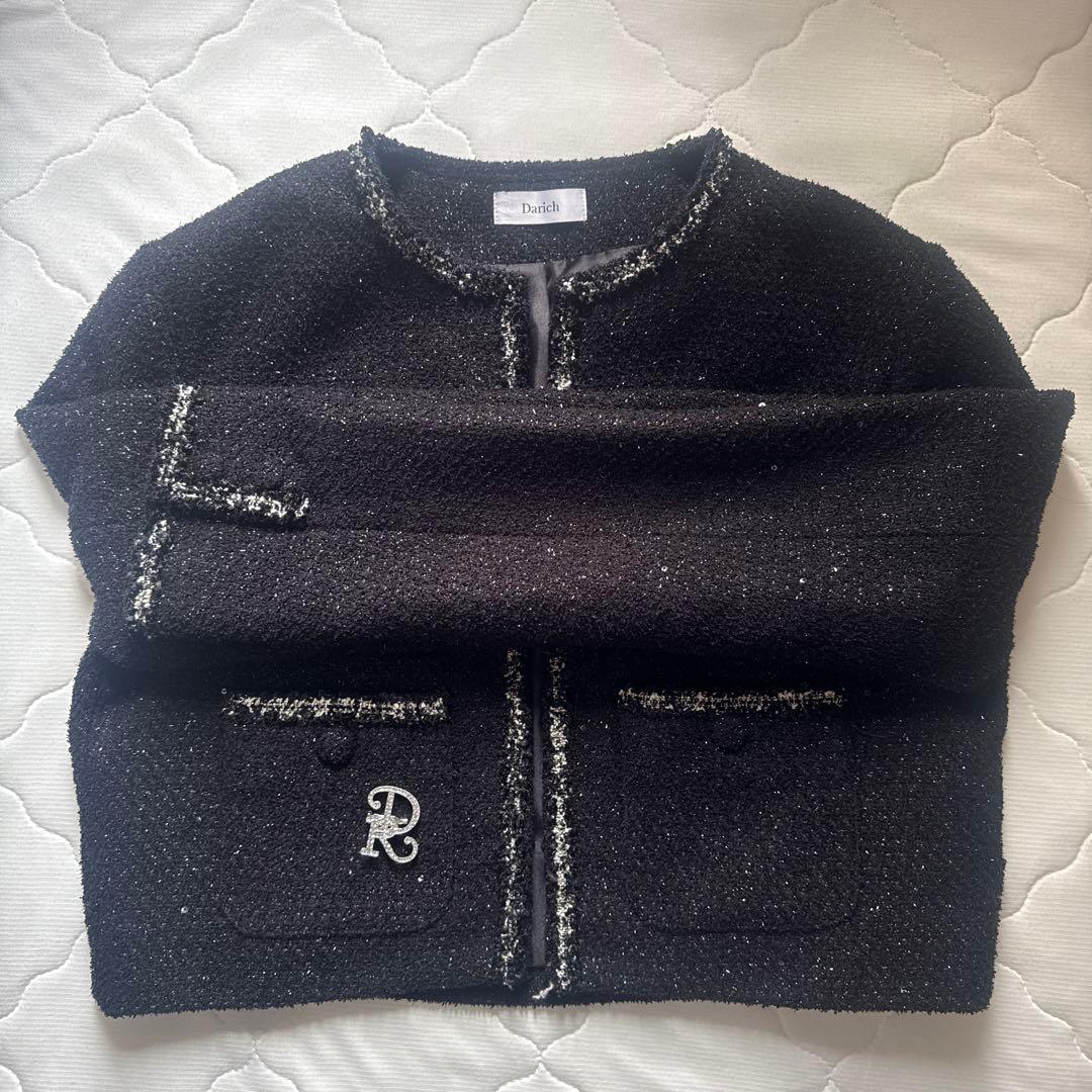 Darich スパンコールツイードジャケットブローチ付き ブラック