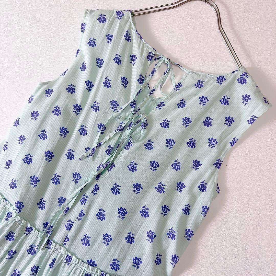 極美品ꕥヌキテパ 人気 コットンドビーストライプフラワープリントギャザードレス