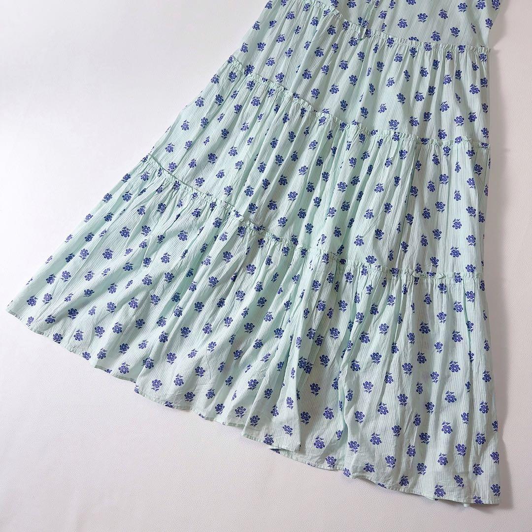 極美品ꕥヌキテパ 人気 コットンドビーストライプフラワープリントギャザードレス