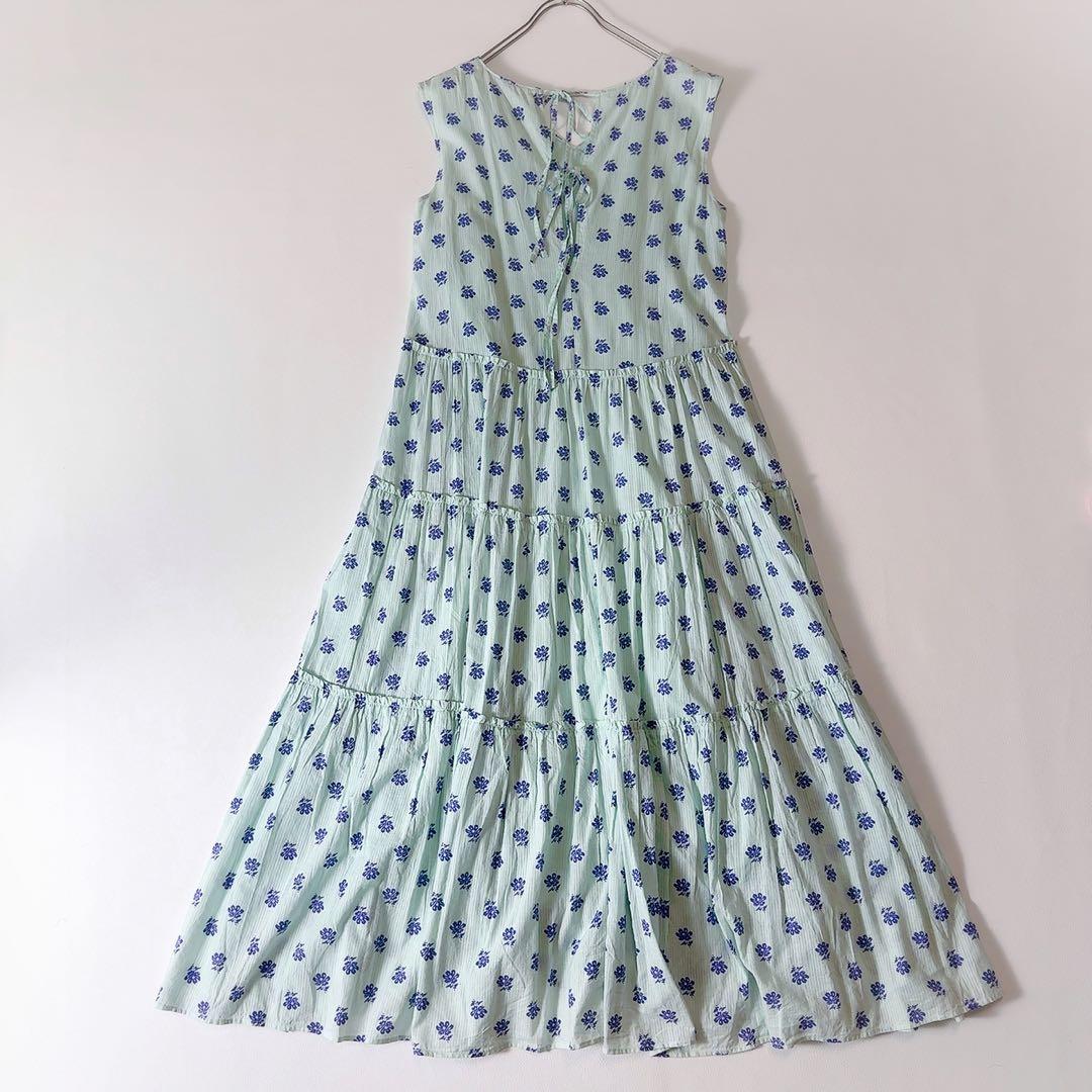 極美品ꕥヌキテパ 人気 コットンドビーストライプフラワープリントギャザードレス