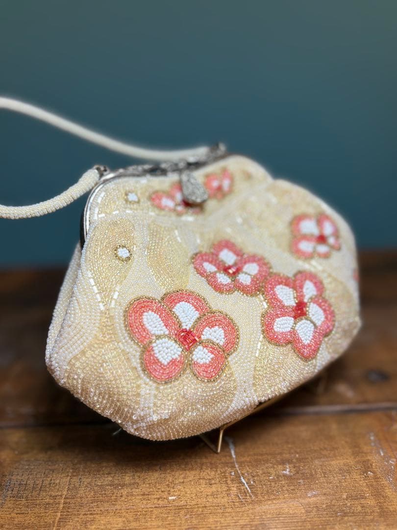 昭和レトロ がま口 ビーズ刺繍 花柄 ハンドバッグ 鏡付き　ビーズバック
