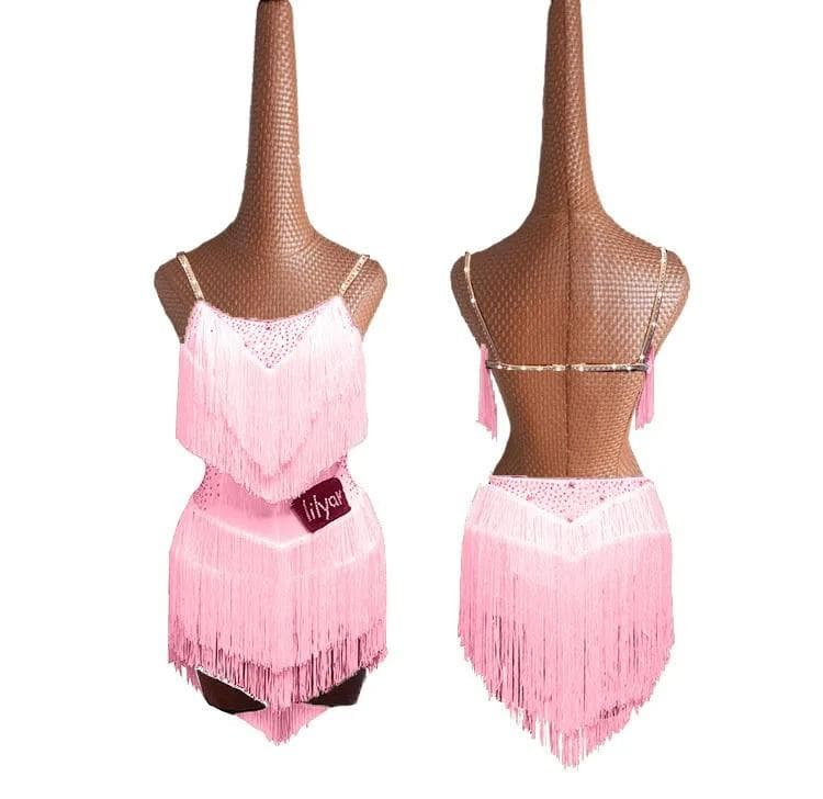 ラテン衣装 三段フリンジ 水玉ラインストーン 吊り紐ワンピース 露背 セクシー