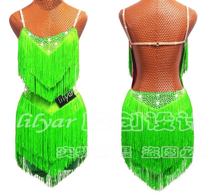 ラテン衣装 三段フリンジ 水玉ラインストーン 吊り紐ワンピース 露背 セクシー