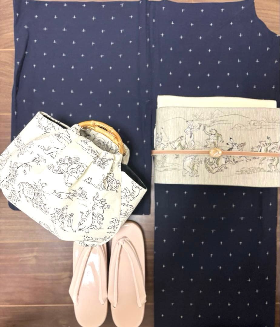 和装バック　着物バック和柄コットン生地・鳥獣戯画（アイボリー）入学卒業結婚式振袖