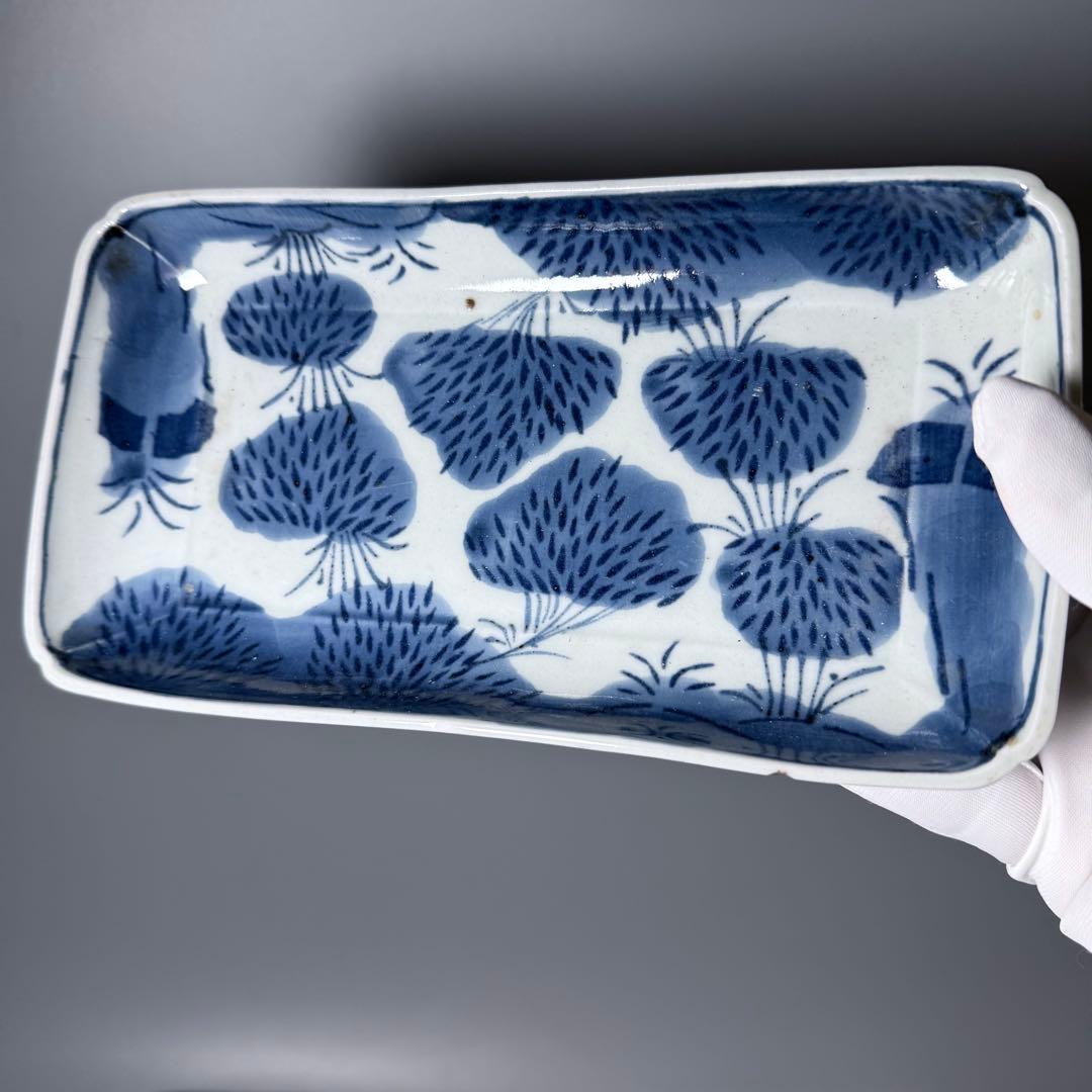 江戸中期　古伊万里　染付竹林文長皿　奇跡の十客！　笹葉部型紙摺　古美術　最高級器