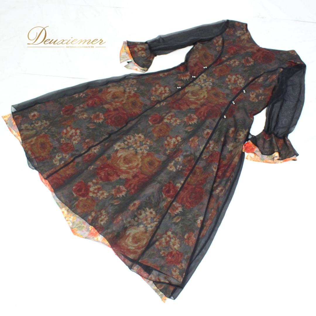 【美品 社交ダンス衣装】ワンピース ドレス 女優館 Mサイズ 黒 赤 ブラック