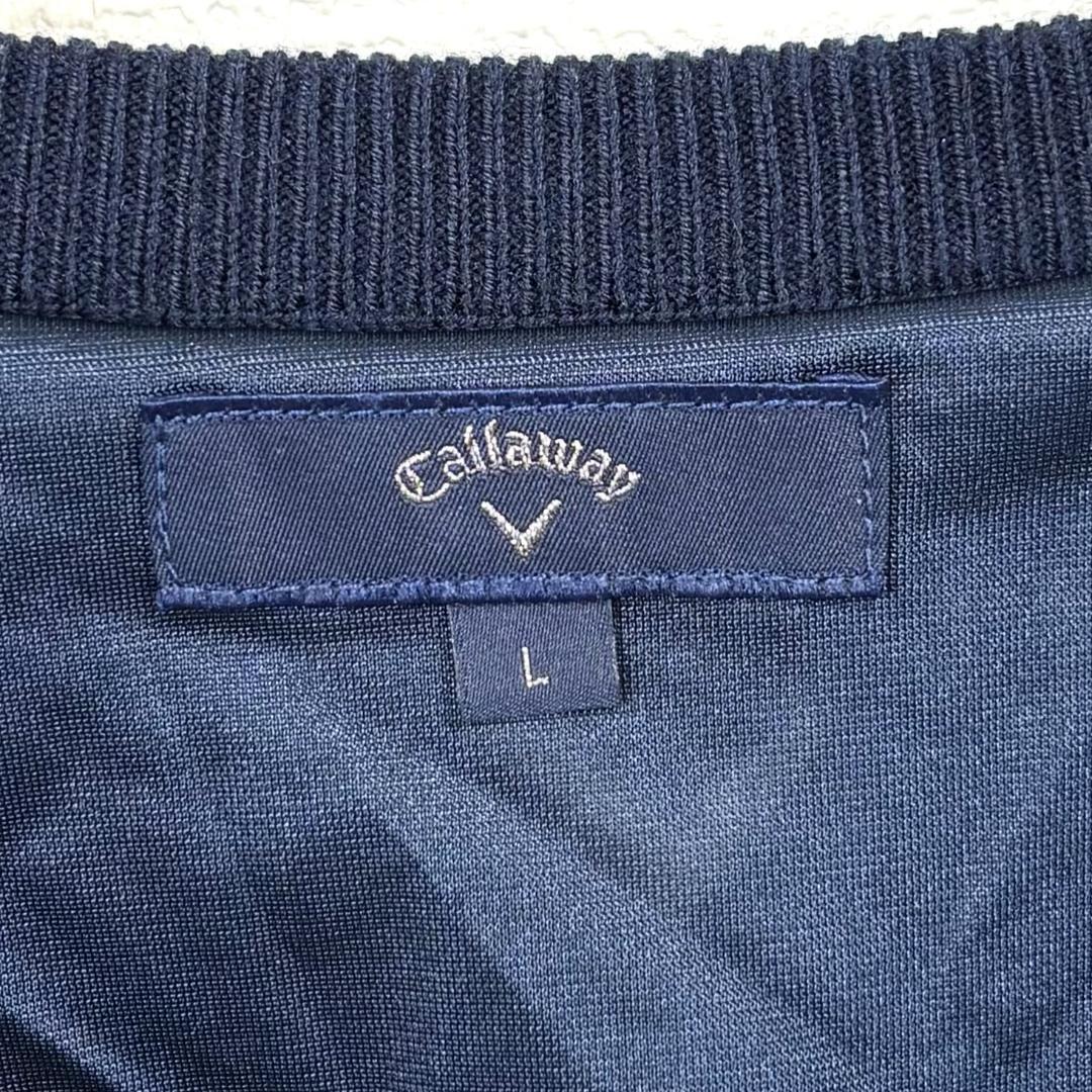 【美品】 callaway Vネック長袖ニット L ネイビー 胸元ロゴ刺繍 総柄