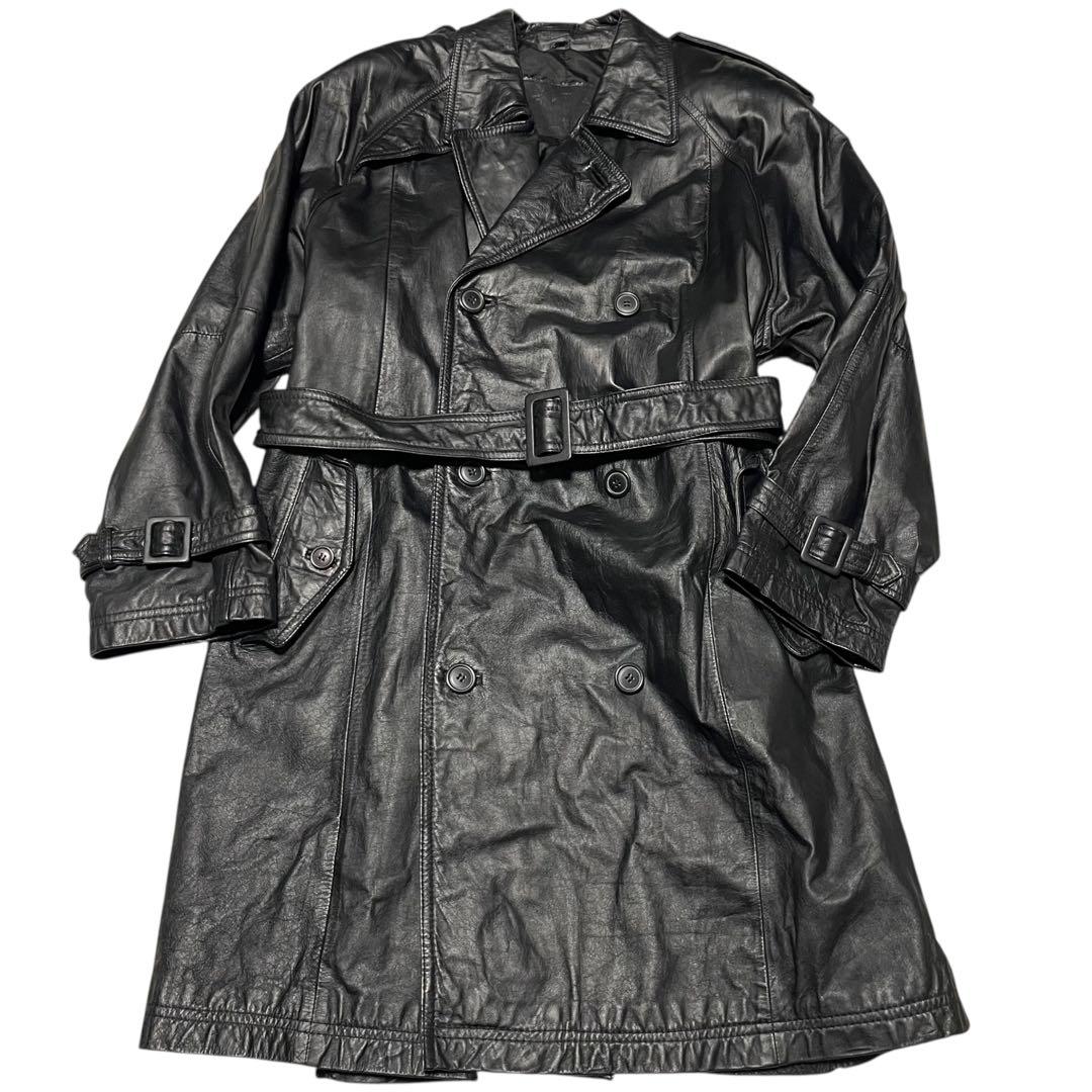 【vintage】牛革 カウレザーマキシ丈ダブルチェスターコート ベルト 黒 L