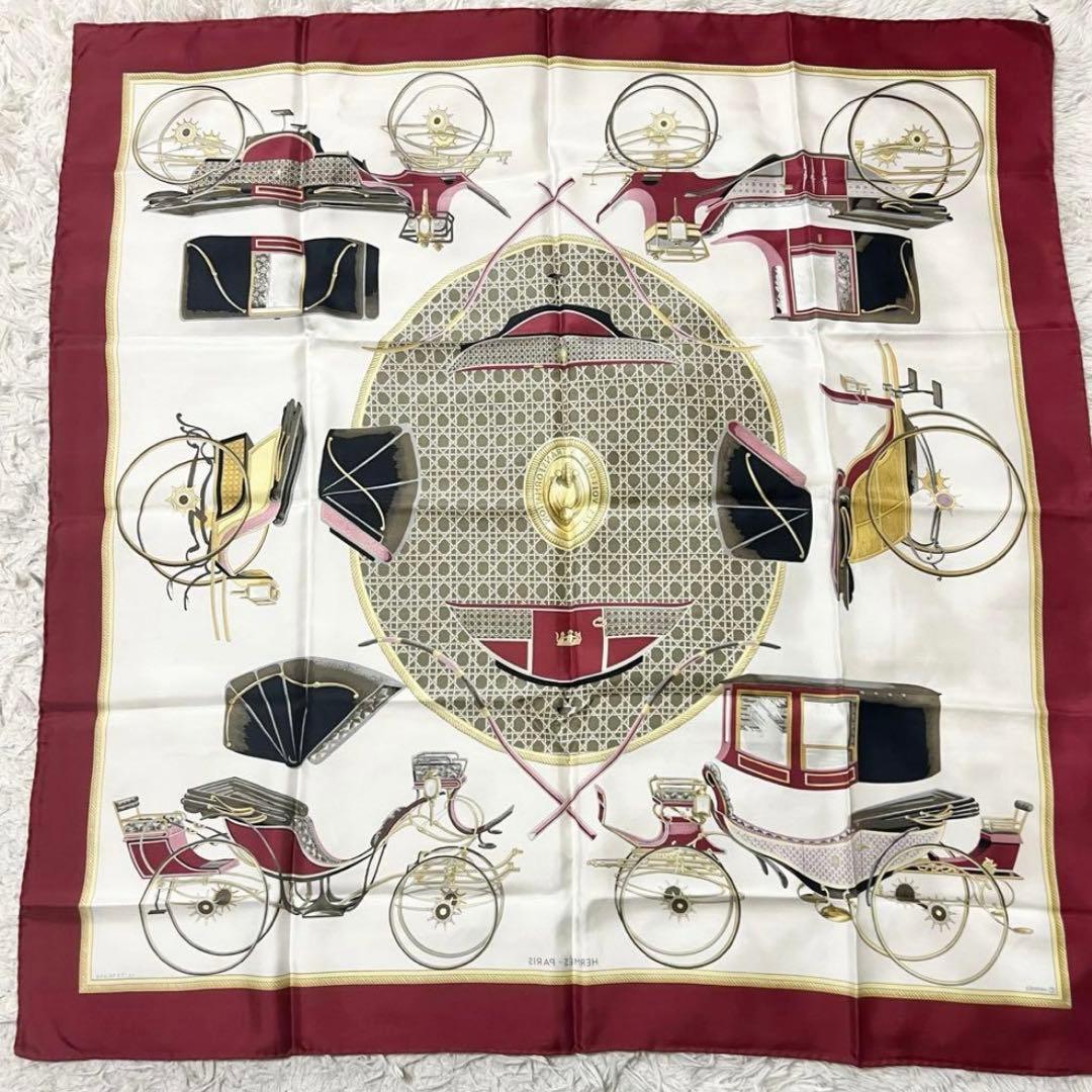 【美品】HERMES エルメス　スカーフ　カレ　馬車　えんじ　ボルドー