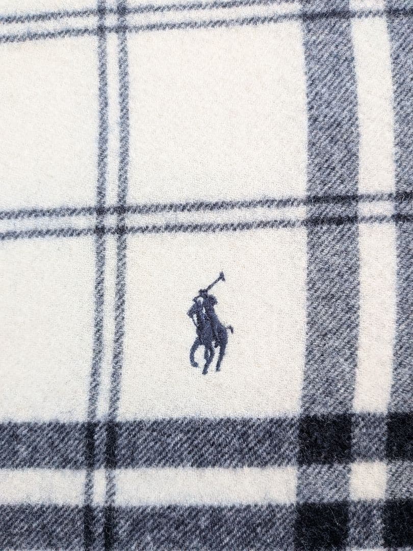ラルフローレン　ブランケット　ホワイト&ブルー　WOOL100%　アウトドア