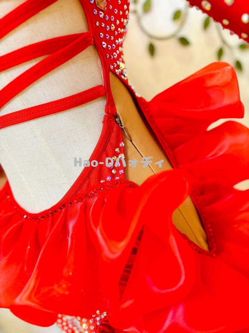 新品★ラテンドレス★フリル★赤黒フリンジ★社交ダンス★競技