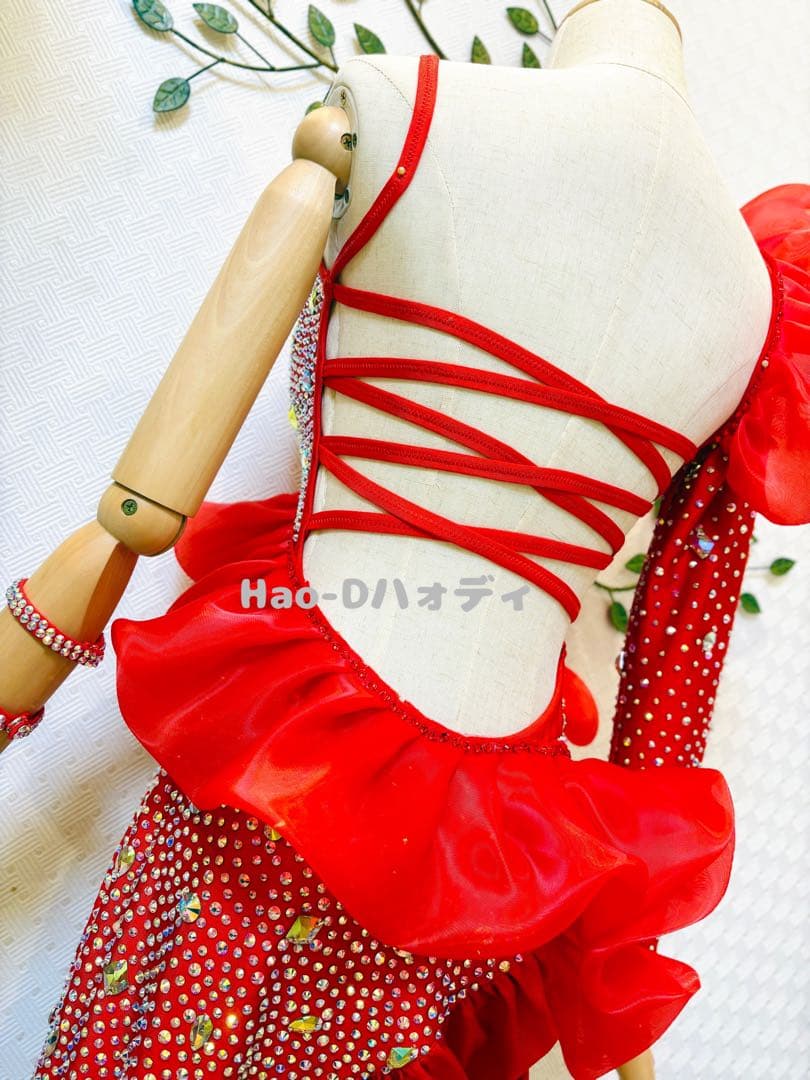 新品★ラテンドレス★フリル★赤黒フリンジ★社交ダンス★競技