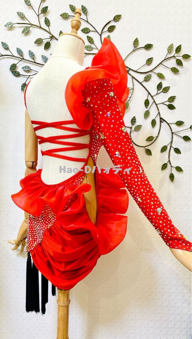 新品★ラテンドレス★フリル★赤黒フリンジ★社交ダンス★競技