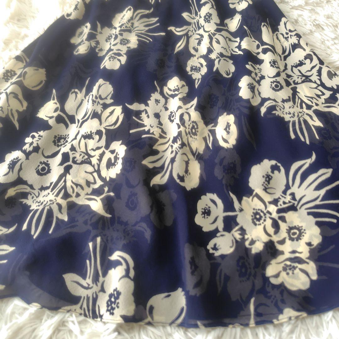 【極美品♡シルク100%】ラルフローレン　フローラルシフォンワンピース　紺　9