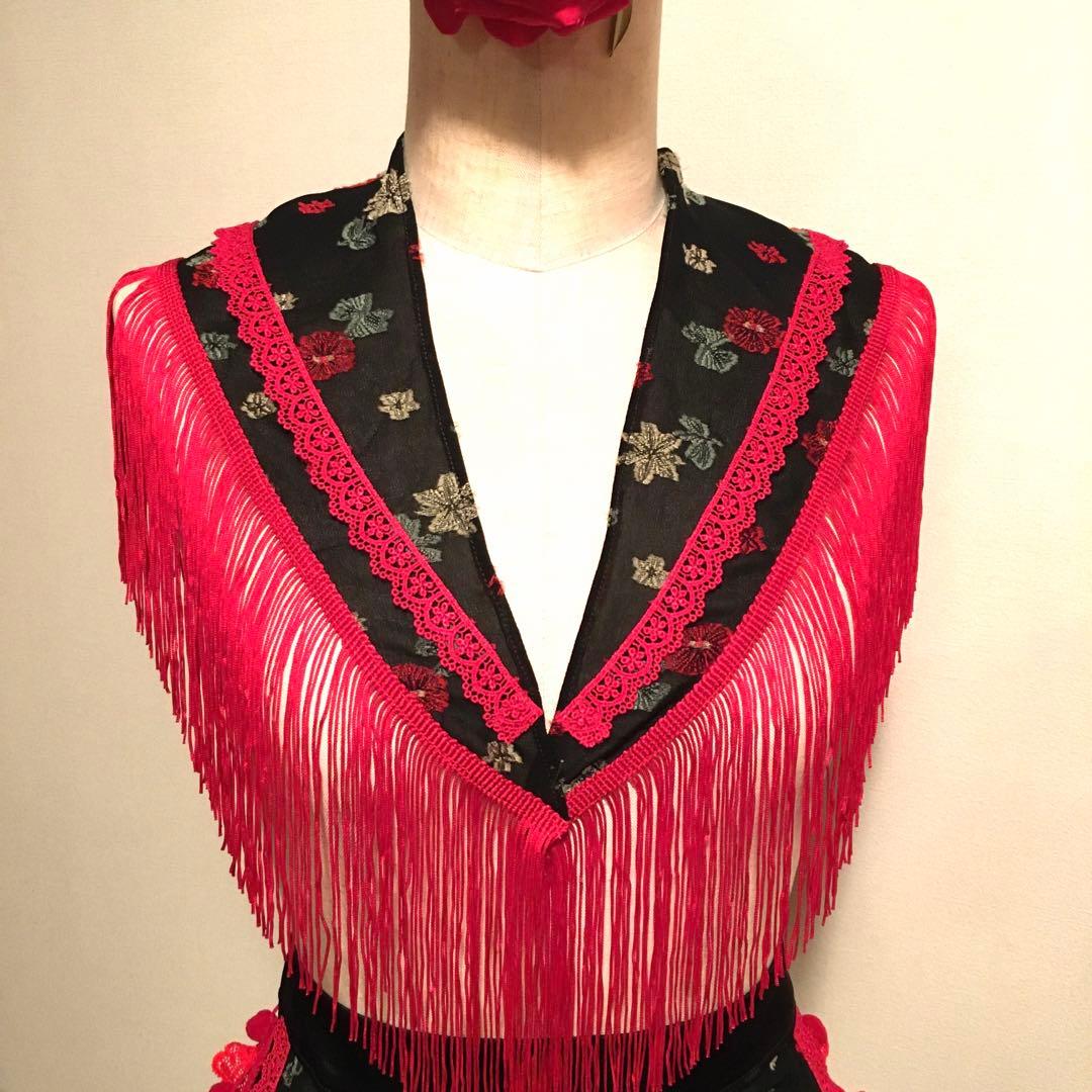 値下げ❗️フラメンコ 衣装 エプロン ショートシージョ 赤×黒小花柄