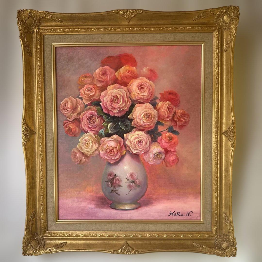 真作　肉筆　キャンバス油彩絵画　薔薇　静物画　新品額縁　インテリア　作家証明書付