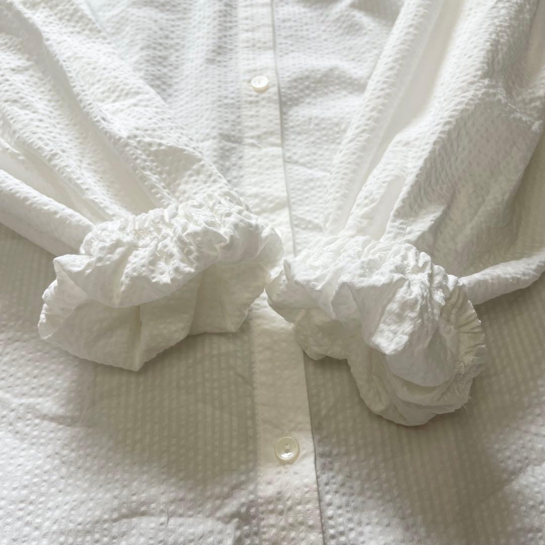 OUR 涼やかなサッカー素材のシャツワンピース　ホワイト