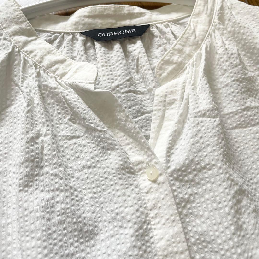 OUR 涼やかなサッカー素材のシャツワンピース　ホワイト