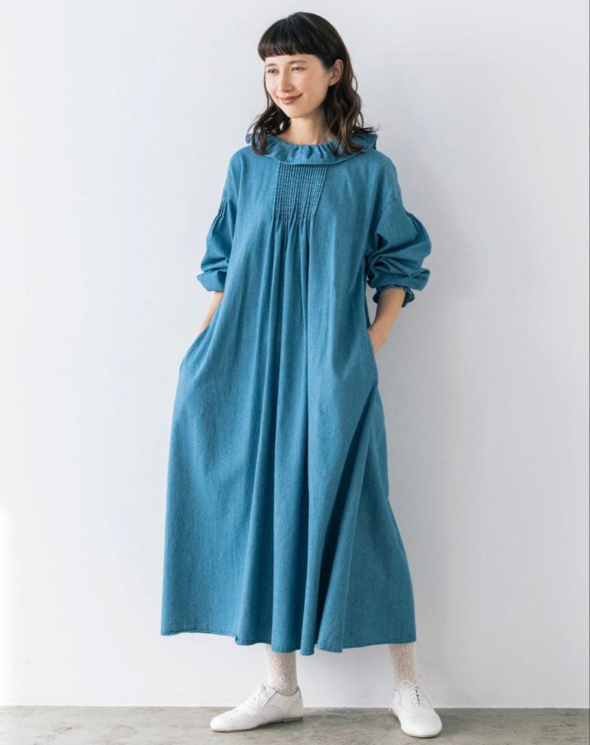 【kazumi×Samansa Mos2】フリルカラーワンピース　ブルー　M