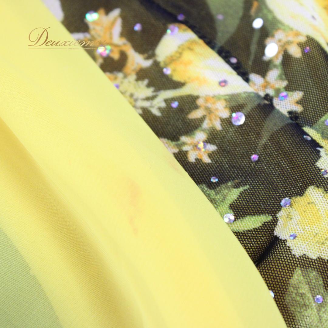 【社交ダンス衣装】ワンピース ドレス ACROSS 黄色 黒 緑 イエロー 花柄