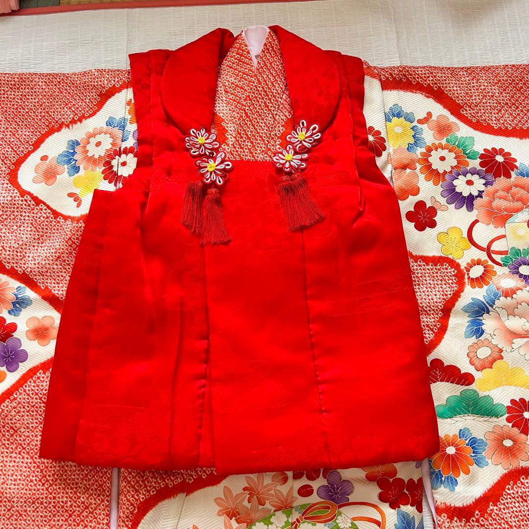 七五三 3歳 着物 753 正絹 総絞り 被布 赤 子供着物 女の子 花