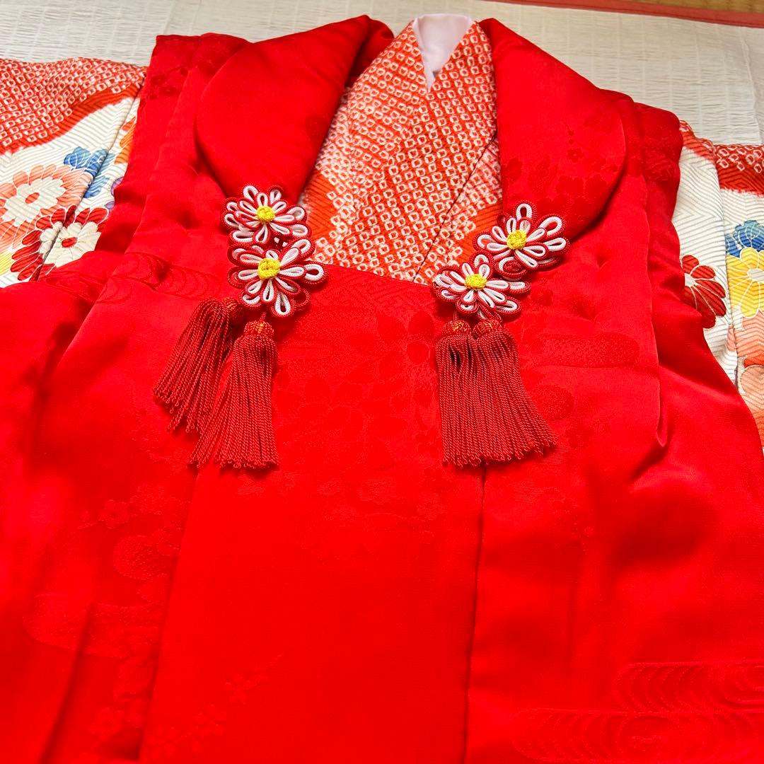 七五三 3歳 着物 753 正絹 総絞り 被布 赤 子供着物 女の子 花