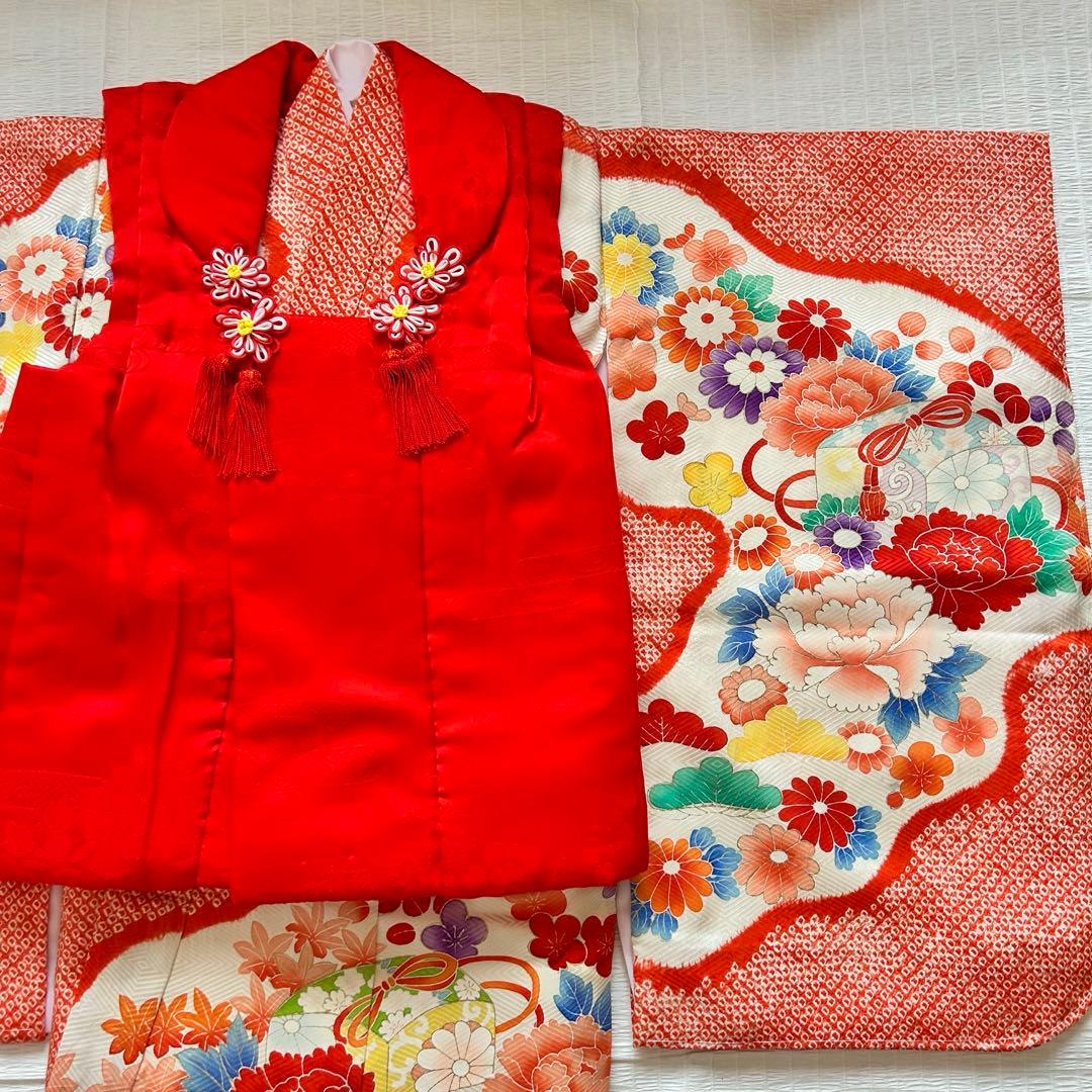 七五三 3歳 着物 753 正絹 総絞り 被布 赤 子供着物 女の子 花