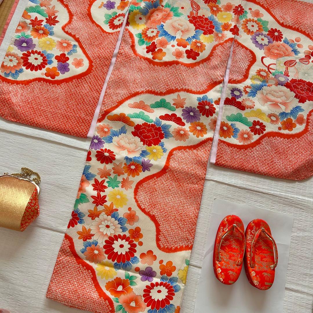 七五三 3歳 着物 753 正絹 総絞り 被布 赤 子供着物 女の子 花