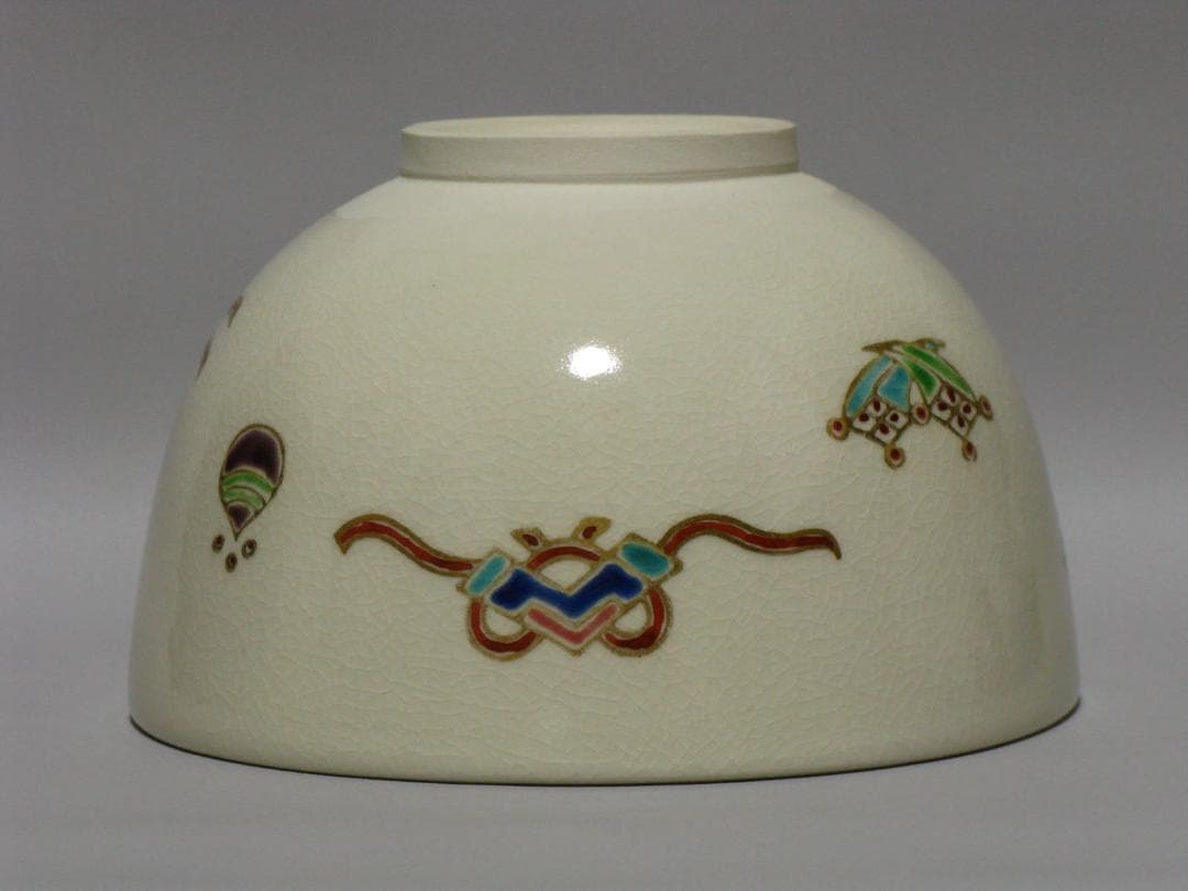 岡田暁山『色絵 吉祥紋 茶碗 銘“蓬莱”』共箱 共布 検 人間国宝 永楽善五郎