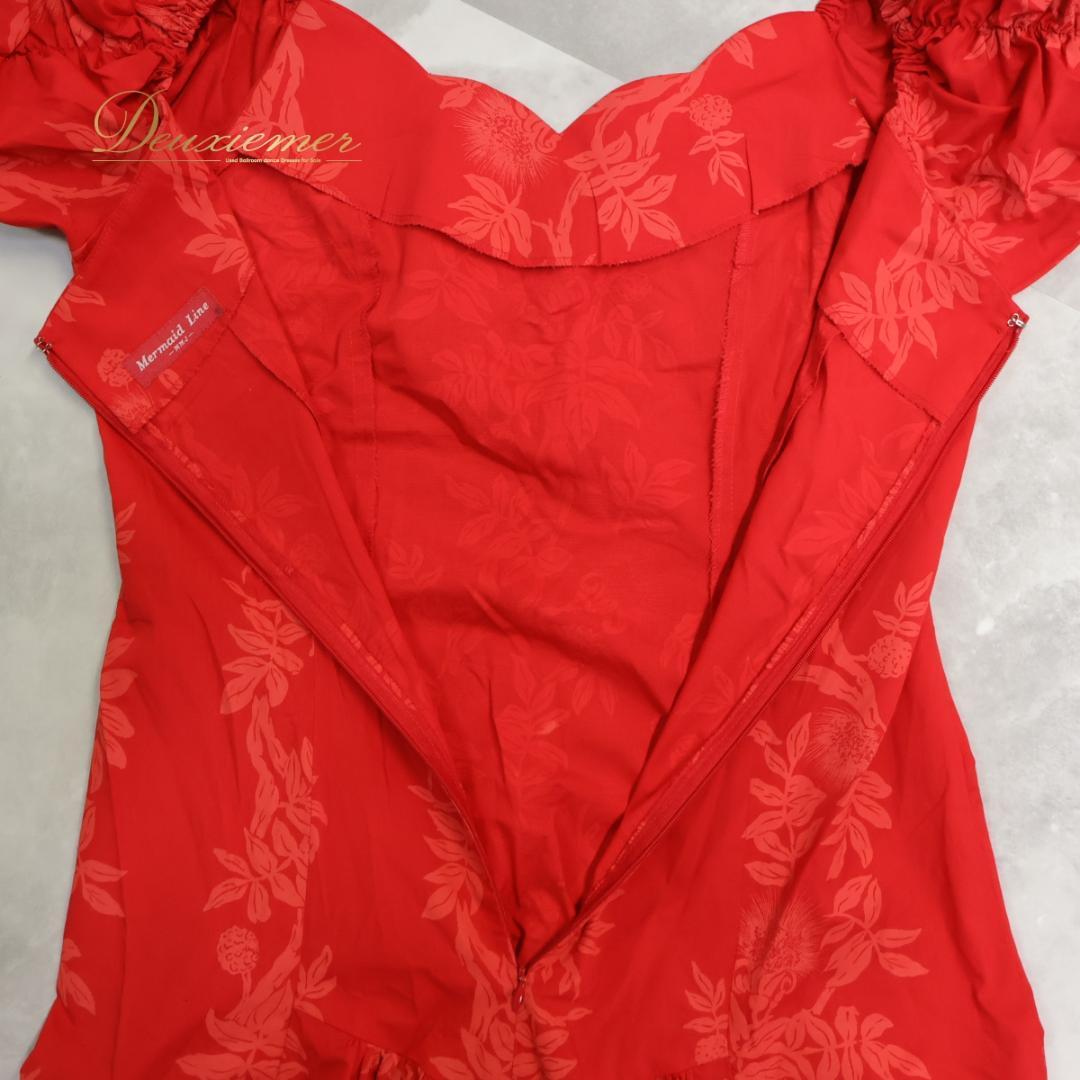 【フラダンス衣装】レッド MermaidLine ワンピース ドレス 赤 花柄